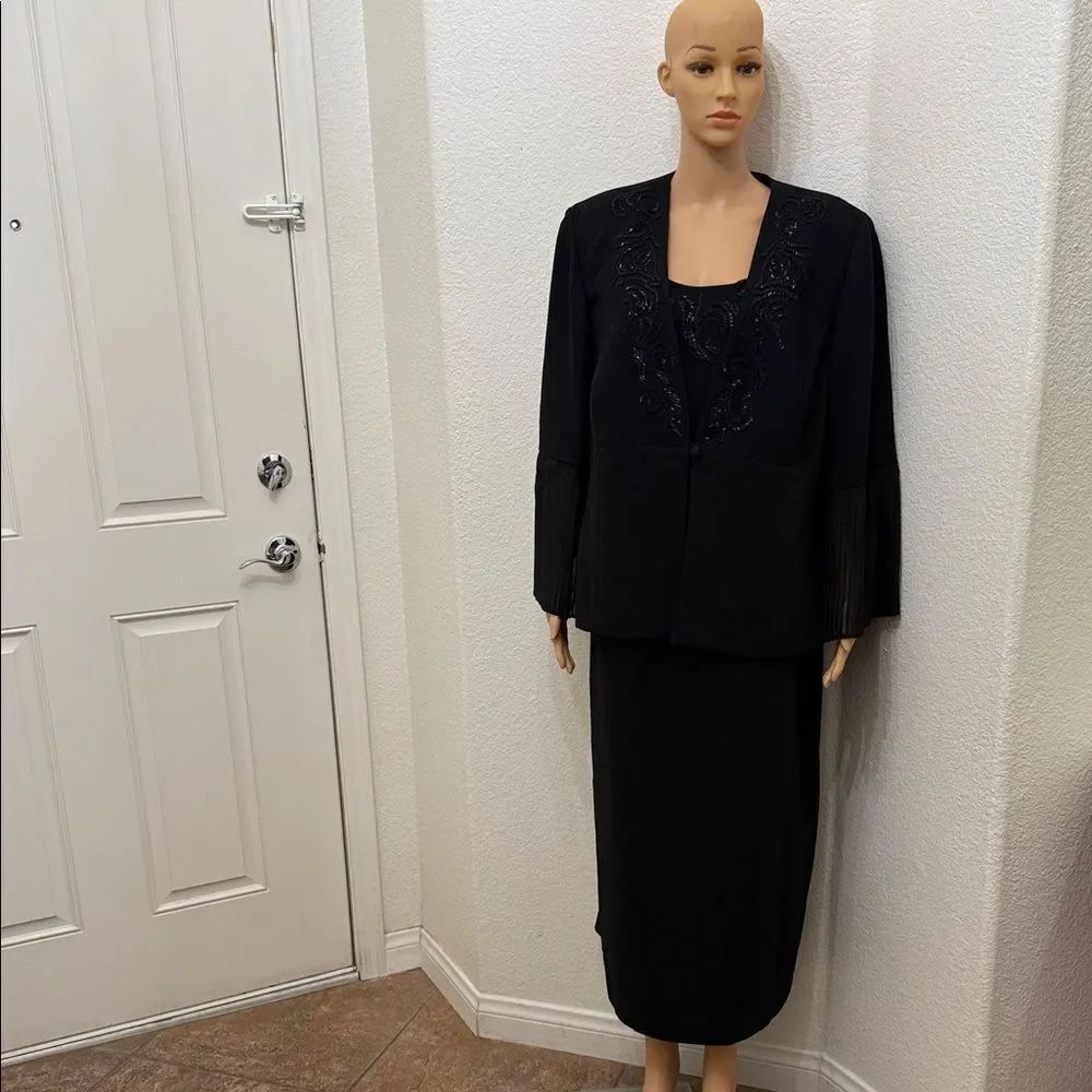 Studio I Black Beaded Midi Dress And Matching Sheer Long Sleeve Jacket Sz 18W